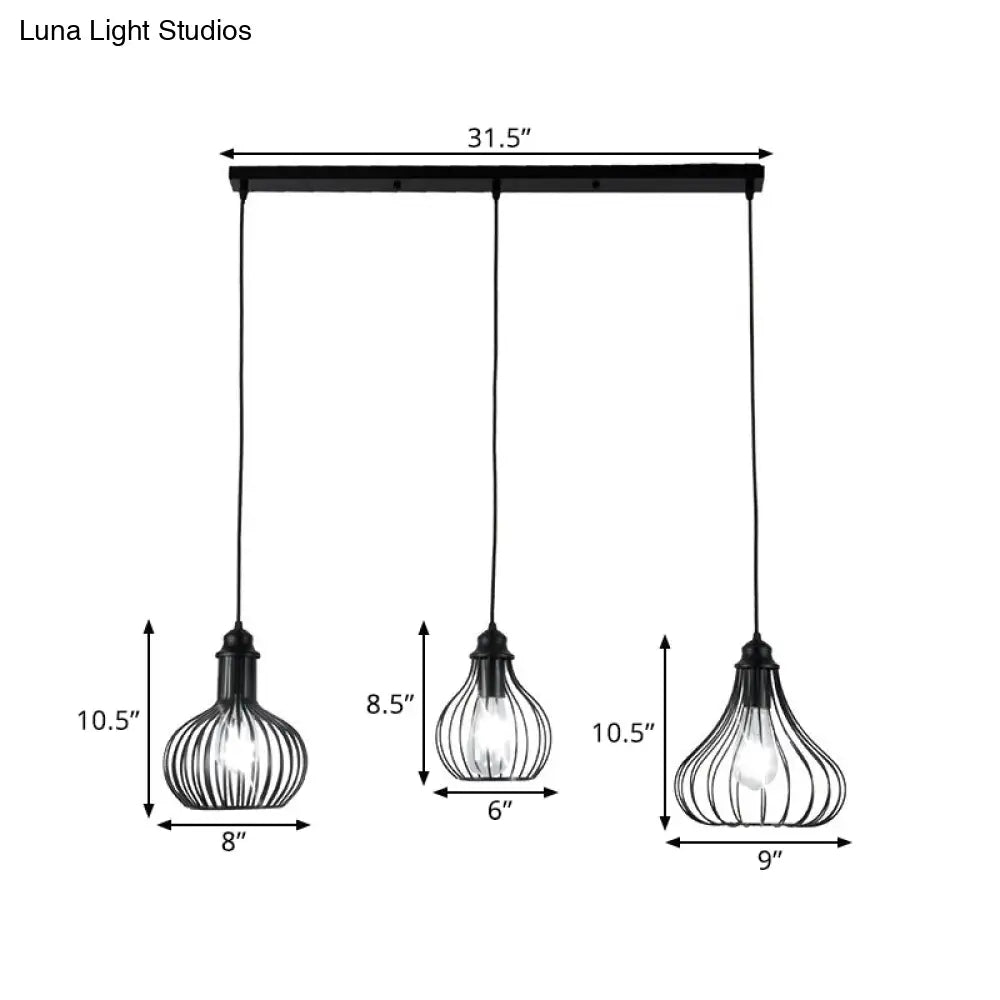 Black Vintage Onion Caged Pendant Light Fixture With 3 Bulbs - Metal Hanging For Restaurants