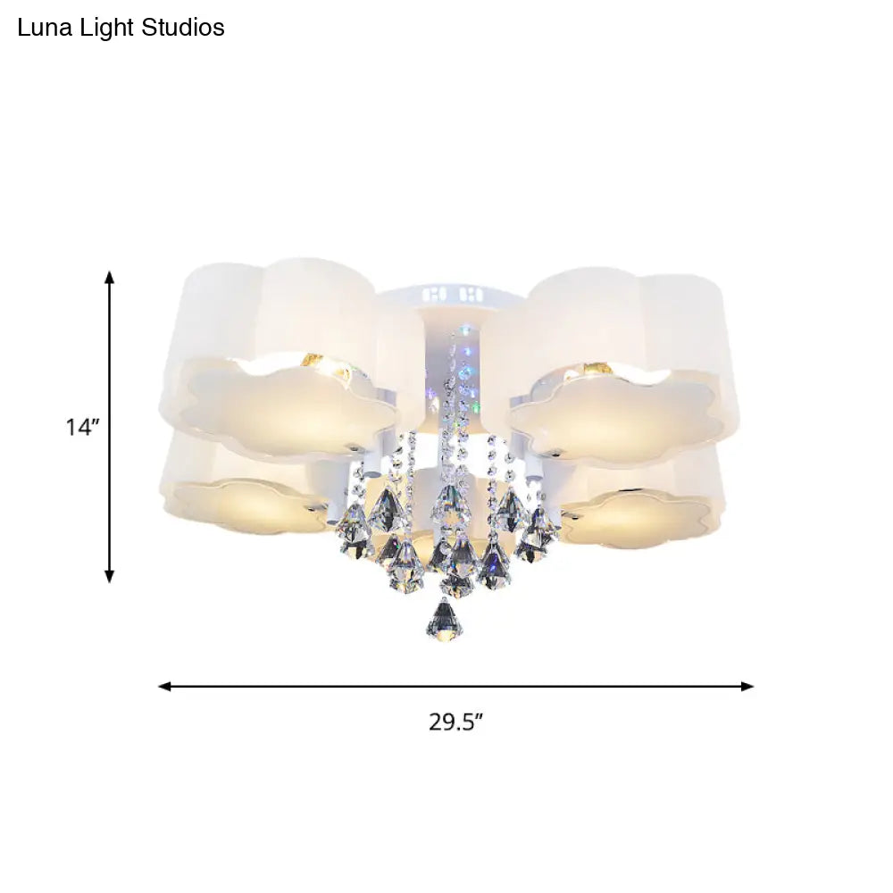 Bloom Glass Flush Mount Lamp With Crystal Draping - Contemporary Design 3/5 Heads White Light