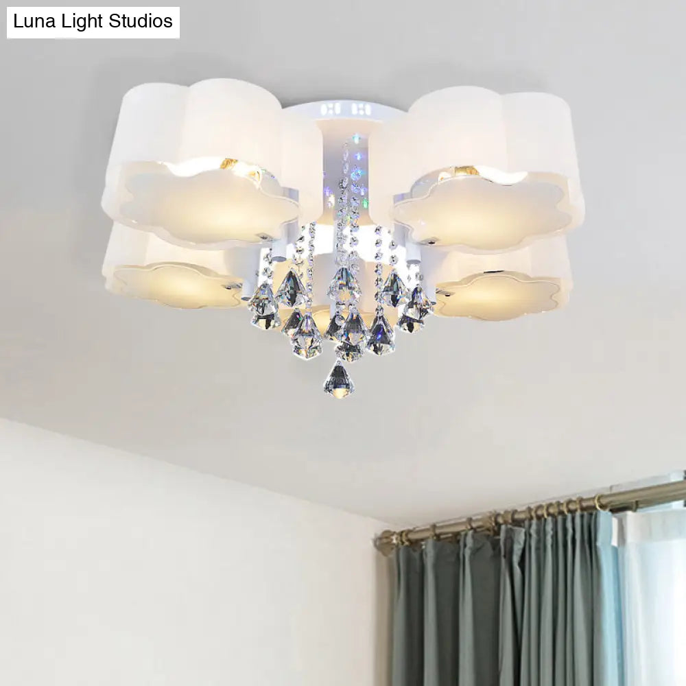 Bloom Glass Flush Mount Lamp With Crystal Draping - Contemporary Design 3/5 Heads White Light