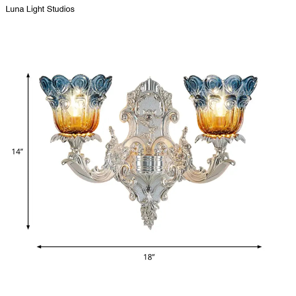 Blossom Sconce Lamp: Classic Blue & Yellow Ribbed Glass 2 Lights Silver Wall Mounted Lighting
