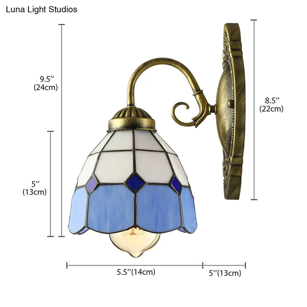 Blue Art Glass Dome Wall Sconce With Vintage Grid Design - Perfect For Bathroom
