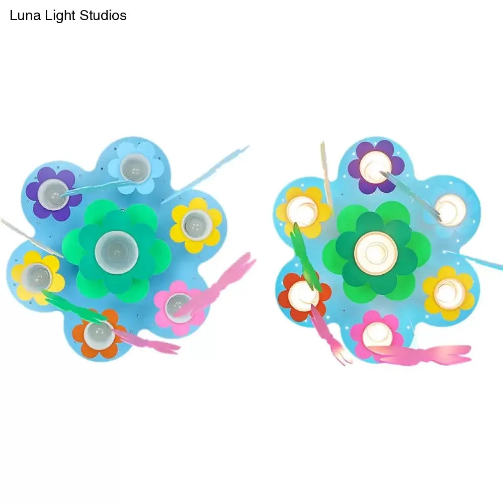 Blue Blossom Ceiling Mount Light With Hanging Butterfly: 7 - Head Wood Lamp For Child Bedroom