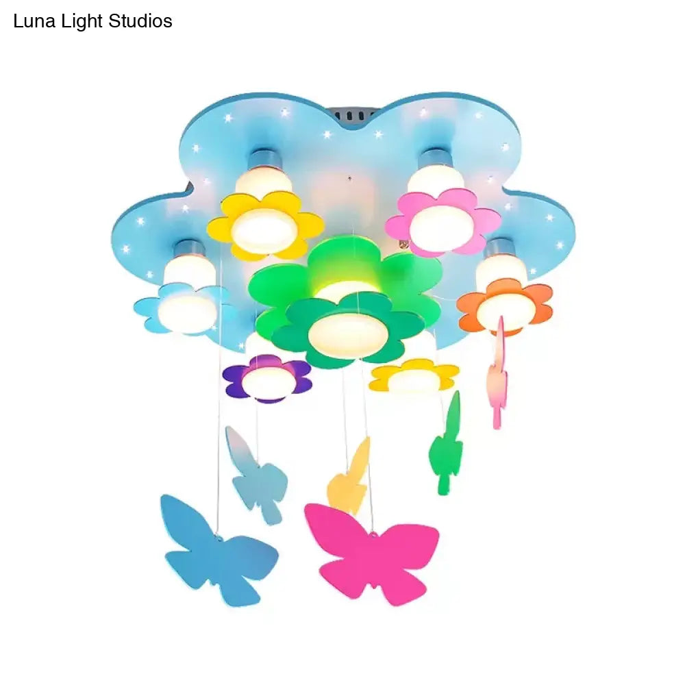 Blue Blossom Ceiling Mount Light With Hanging Butterfly: 7 - Head Wood Lamp For Child Bedroom