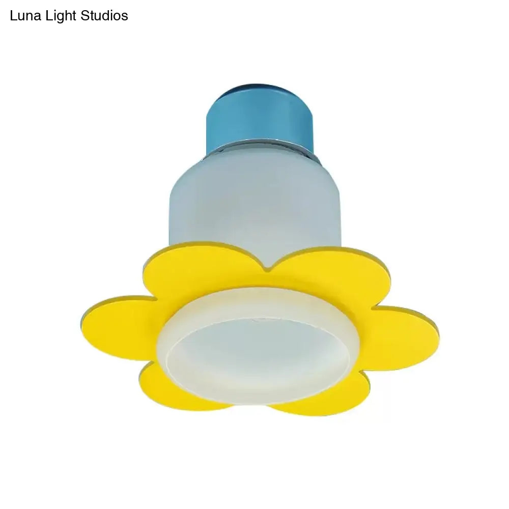 Blue Blossom Ceiling Mount Light With Hanging Butterfly: 7 - Head Wood Lamp For Child Bedroom