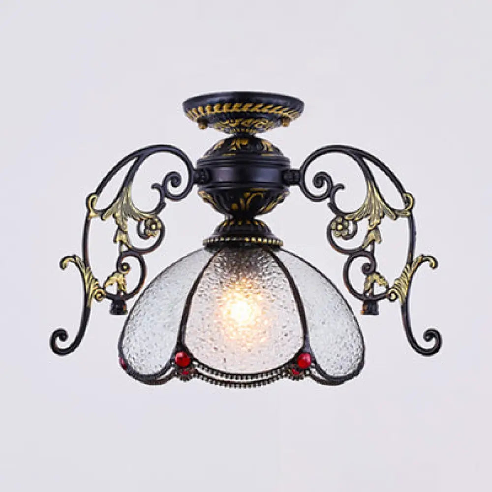 Blue/Clear Mini Flushmount With Petal Shade Tiffany 1 Light In Black Finish For Balcony Clear
