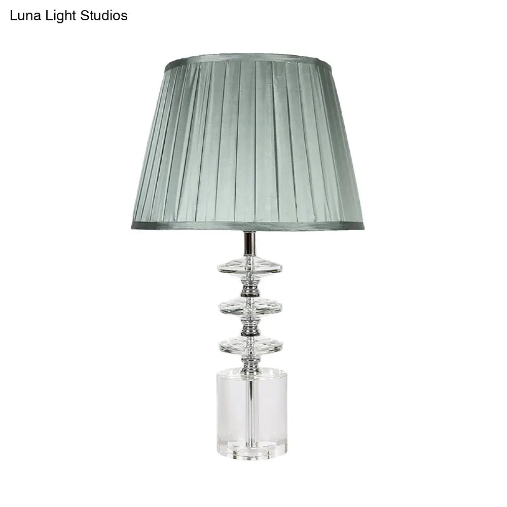 Blue Fabric Night Table Lamp With Clear Crystal Accent - Traditional Conical Design 1 Light