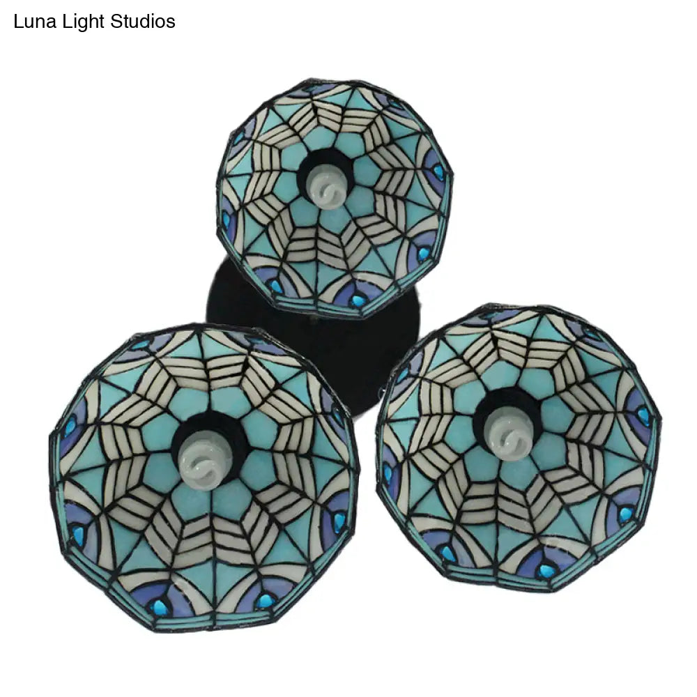 Blue Hand-Cut Glass Pendant Light With Mediterranean Charm - 3 Head Hemisphere Cluster Round/Linear