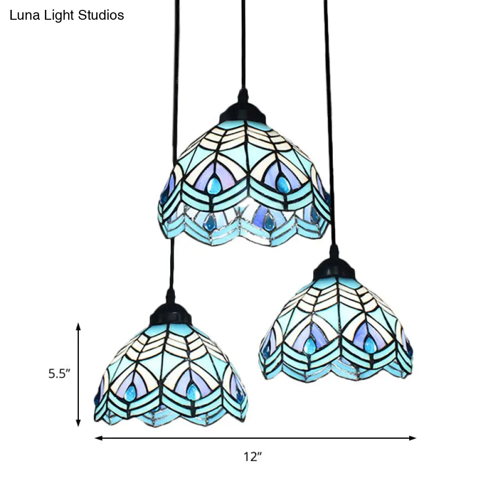 Blue Hand-Cut Glass Pendant Light With Mediterranean Charm - 3 Head Hemisphere Cluster Round/Linear