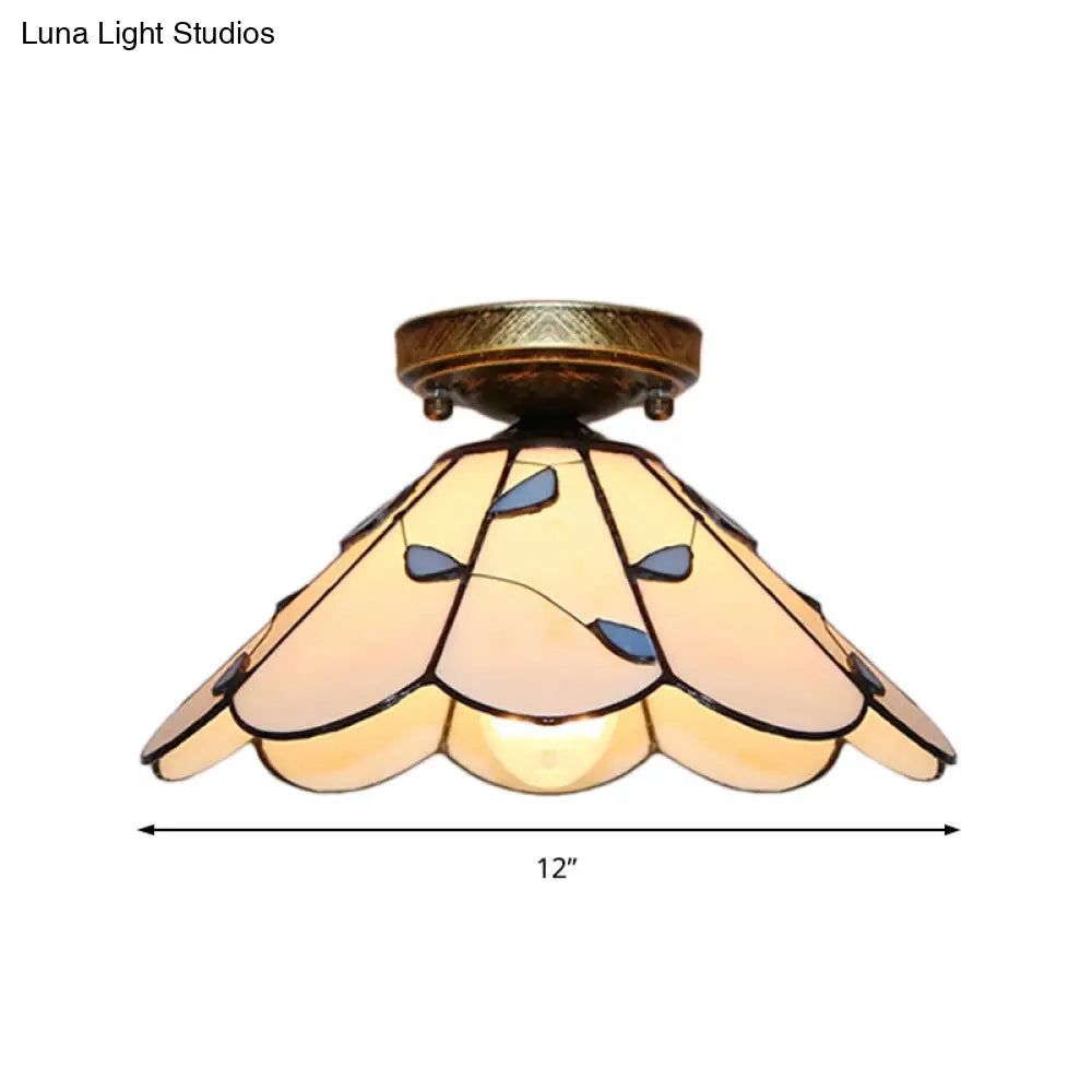 Blue Leaf Lodge Style Indoor Flush Mount Ceiling Light - Stained Glass White/Clear For Bedroom