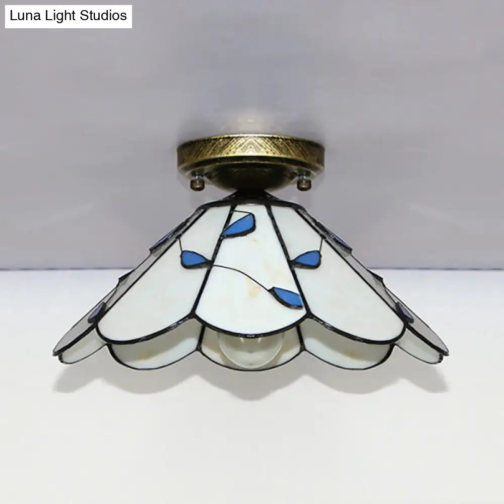 Blue Leaf Lodge Style Indoor Flush Mount Ceiling Light - Stained Glass White/Clear For Bedroom