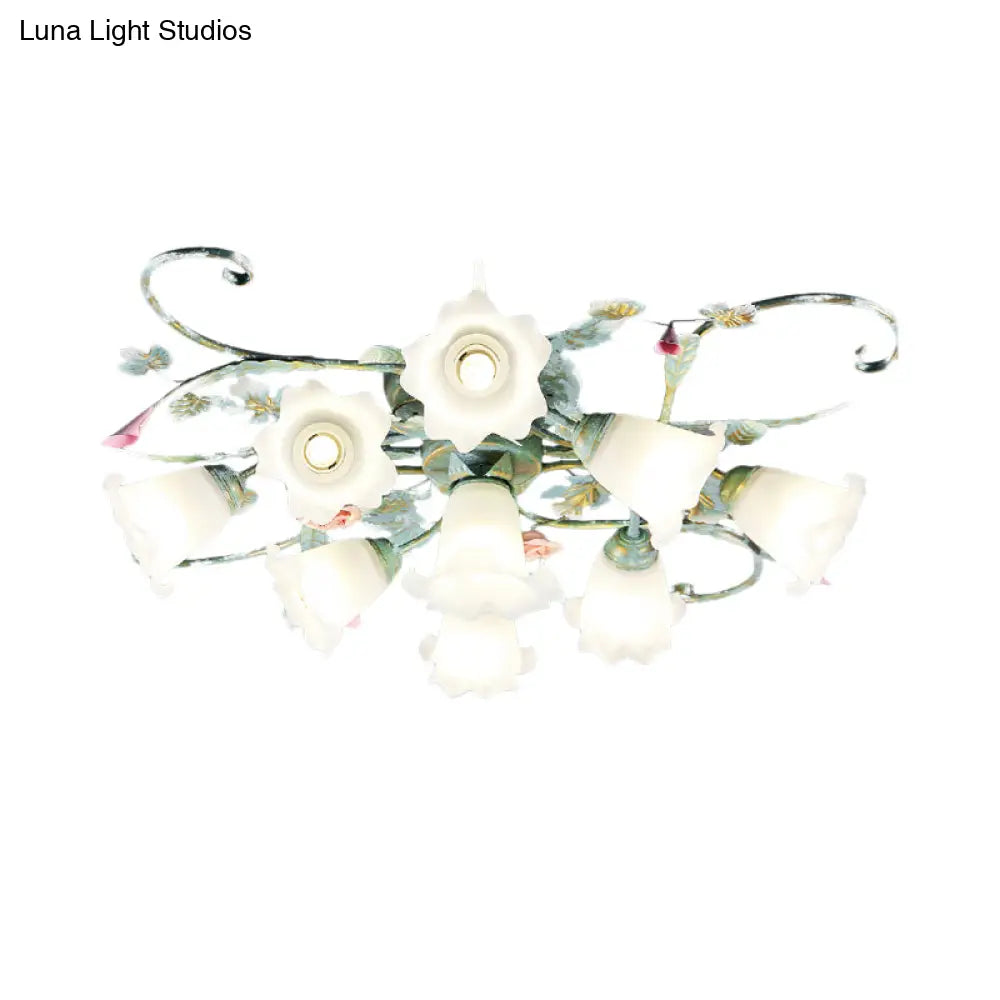 Blue Metal Floral Ceiling Fixture: Pastoral Semi Flush Mount Light With 4/5/9 Lights For Living Room