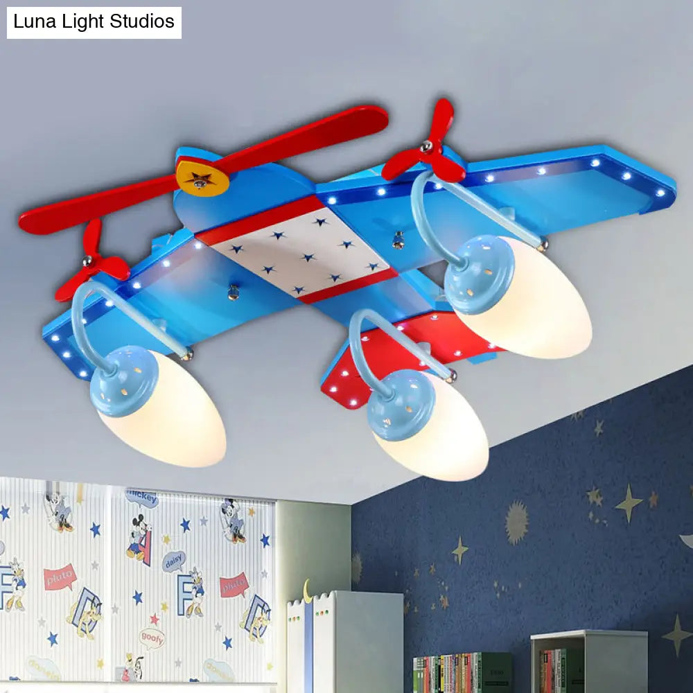Blue Plane Ivory Glass Flushmount Lighting For Boys Bedroom - 3/4 Heads Ceiling Fixture