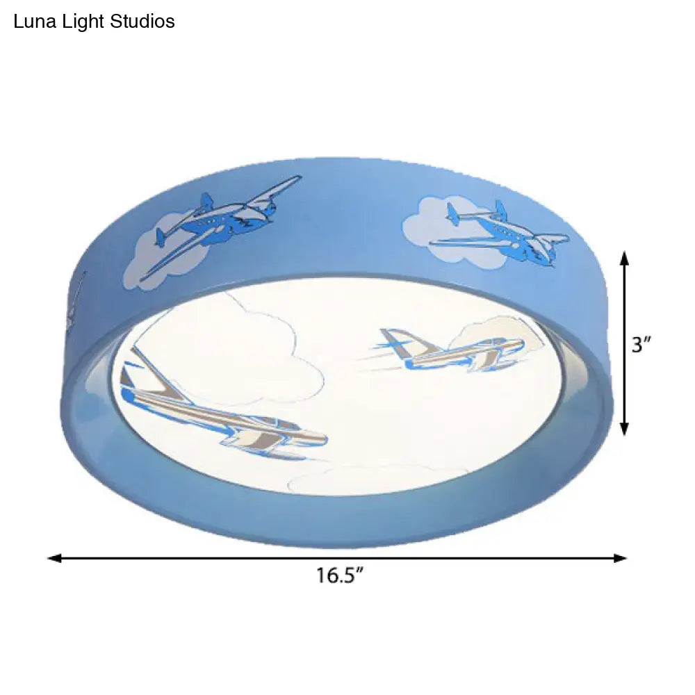 Blue Round Flush Mount Ceiling Light With Cartoon Plane Design - Perfect For Bedroom