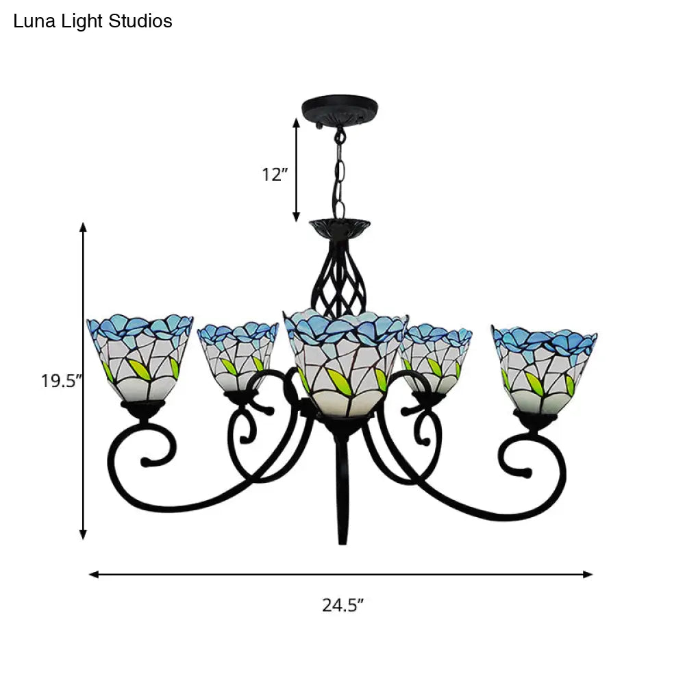 Blue Stained Glass Chandelier With 5 Floral Tiffany-Style Pendants - Perfect For Living Room