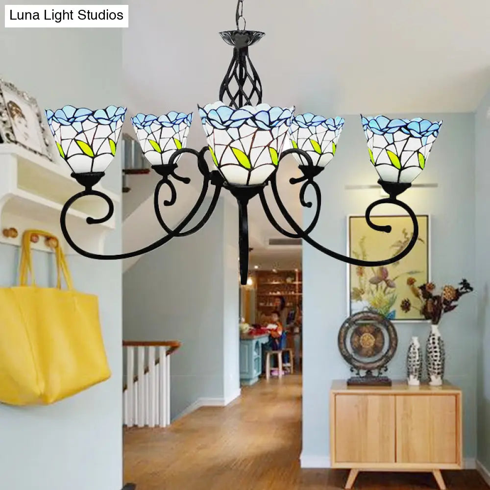 Blue Stained Glass Chandelier With 5 Floral Tiffany-Style Pendants - Perfect For Living Room
