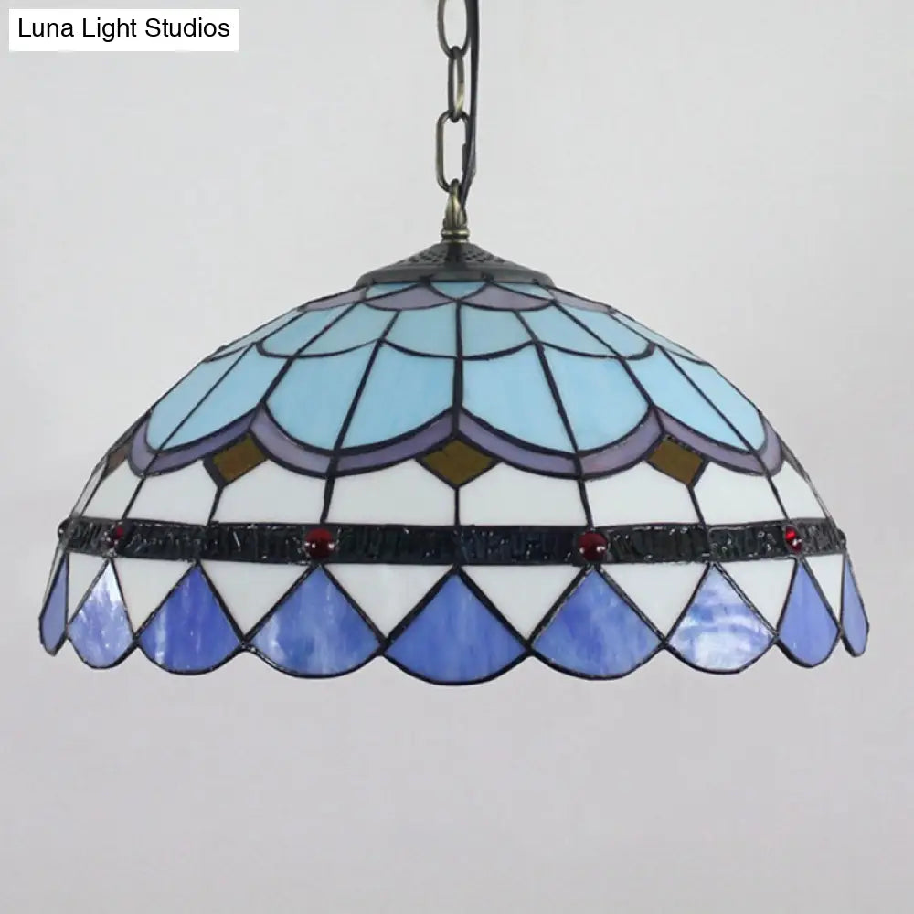 Blue Tiffany Glass Dome Hanging Lamp - 16’ Wide 1 Light