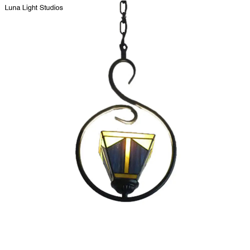 Blue Tiffany Style Stained Glass Pyramid Pendant Light With Stainless Steel Suspension - 1-Light