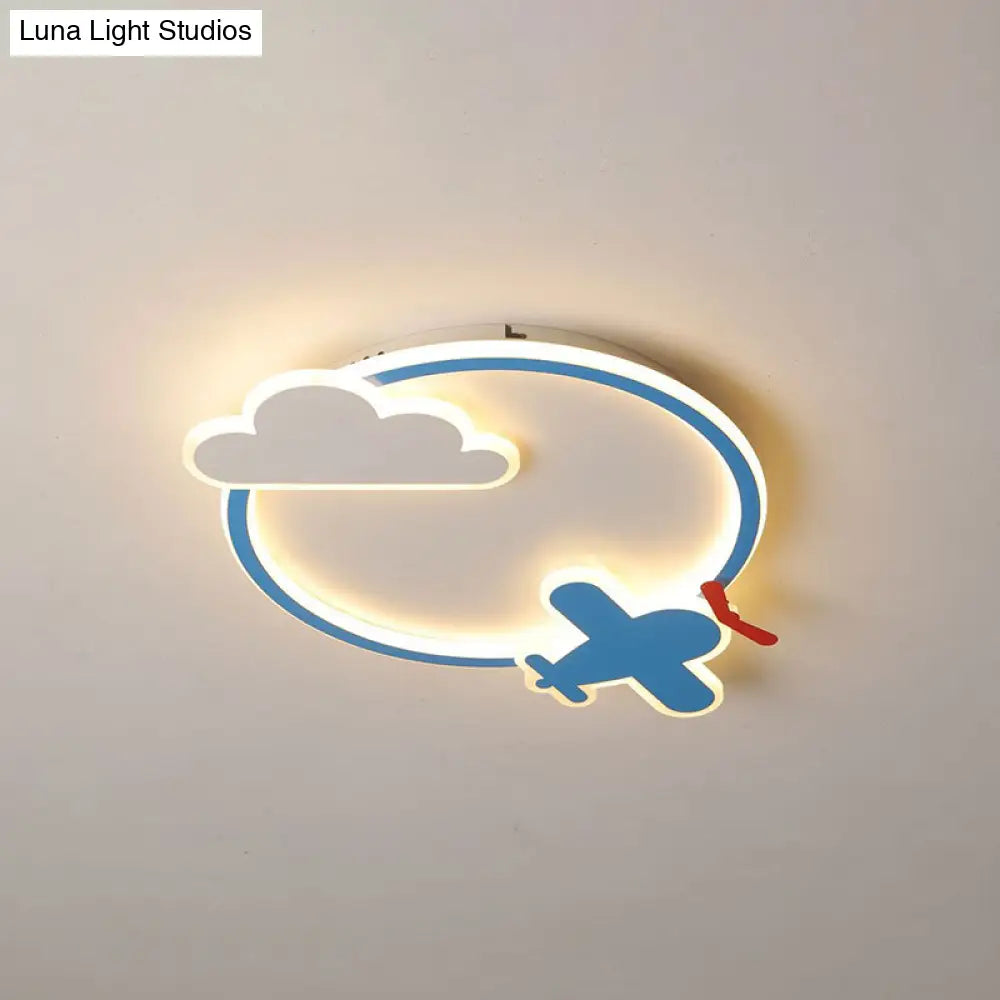 Blue & White Nursery Flush Mount Light - Metal Led Ceiling Fixture For Kids’ Room