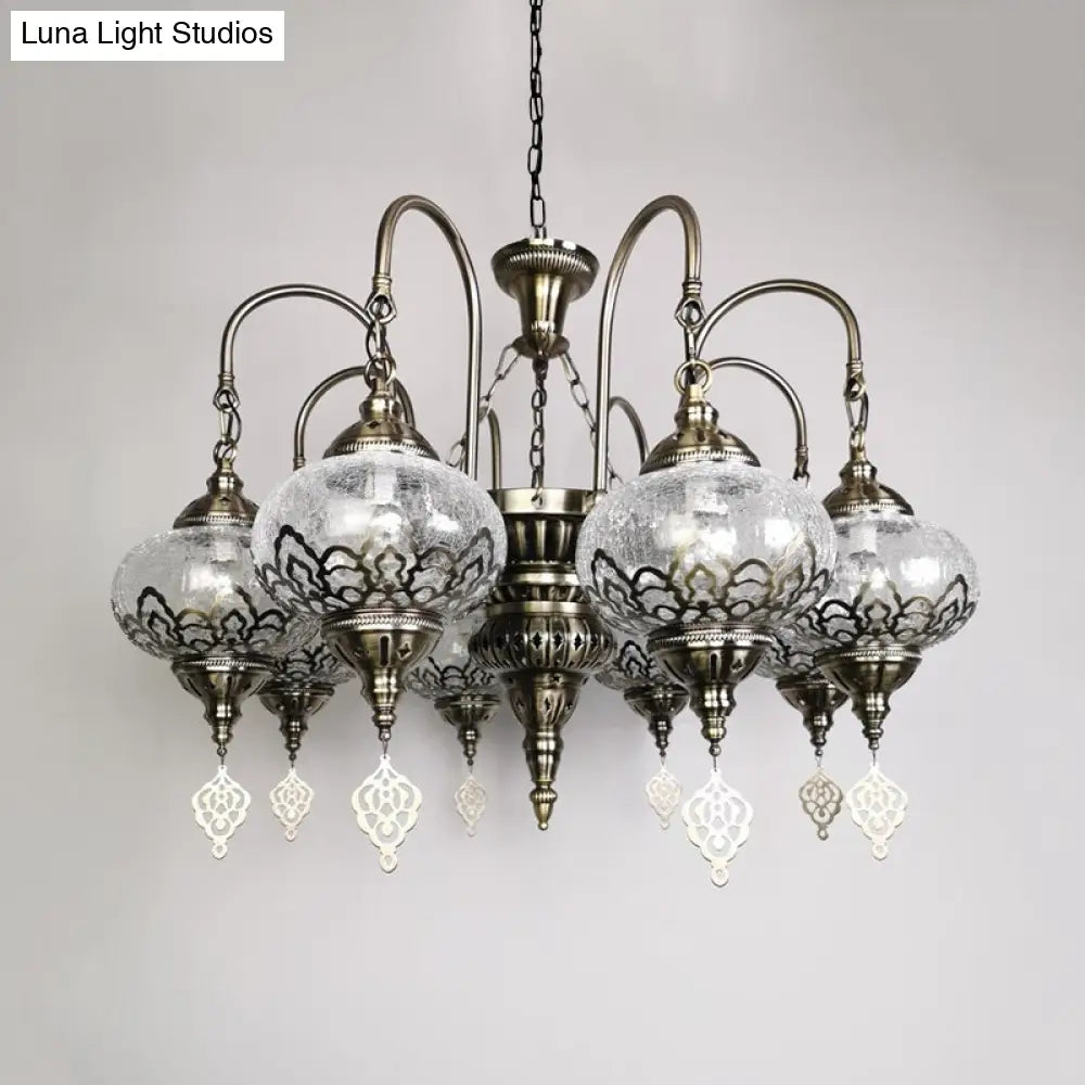Bohemia Clear Crackle Glass Lantern Suspension Lamp - Bronze Chandelier With 8 Lights