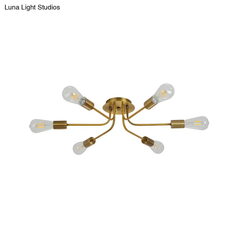 Branch Semi-Mount Industrial Ceiling Light With 6 Exposed Bulbs In Brass/Nickel Finish