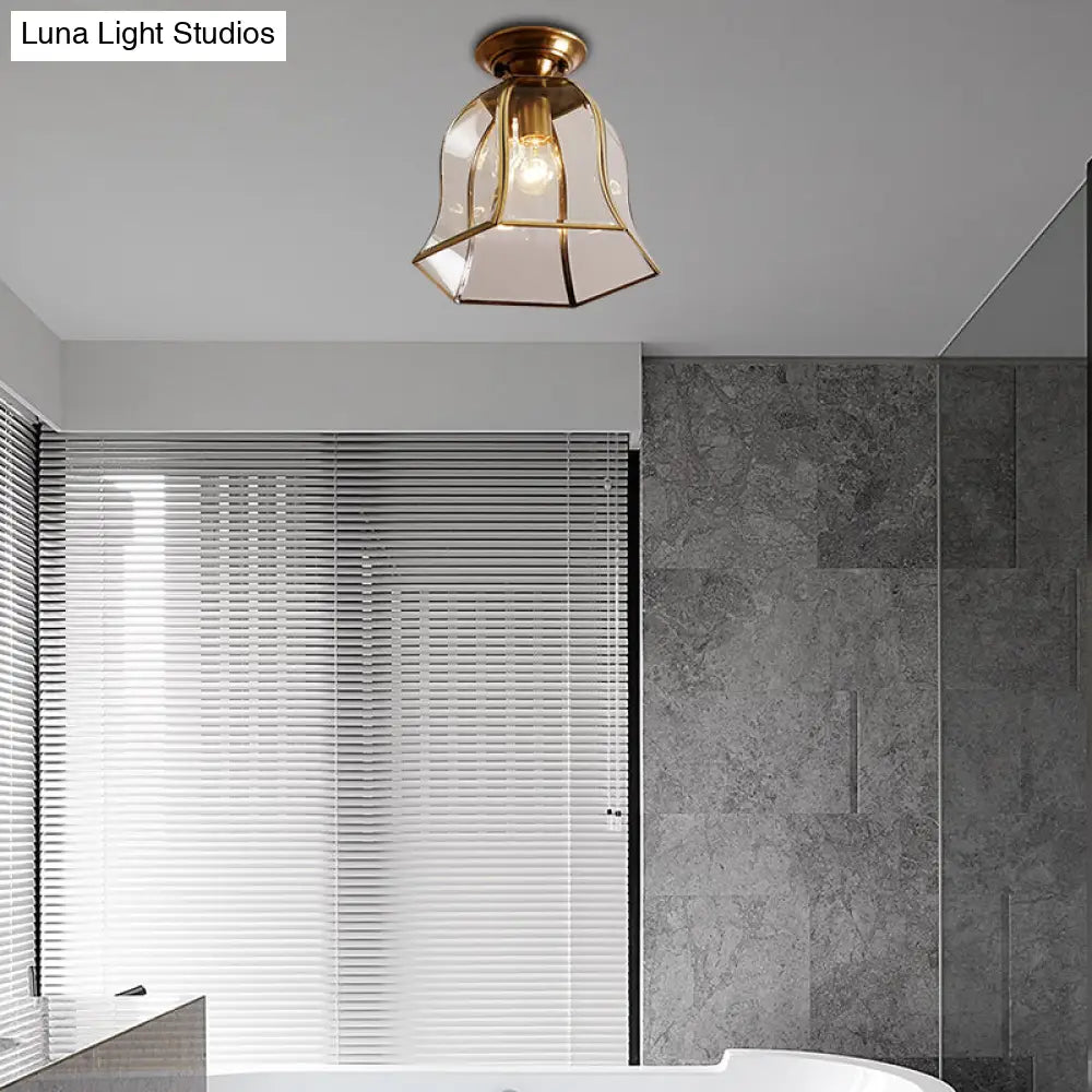 Brass Colonial Bell Ceiling Light - Clear Glass Flush Mount Foyer Fixture
