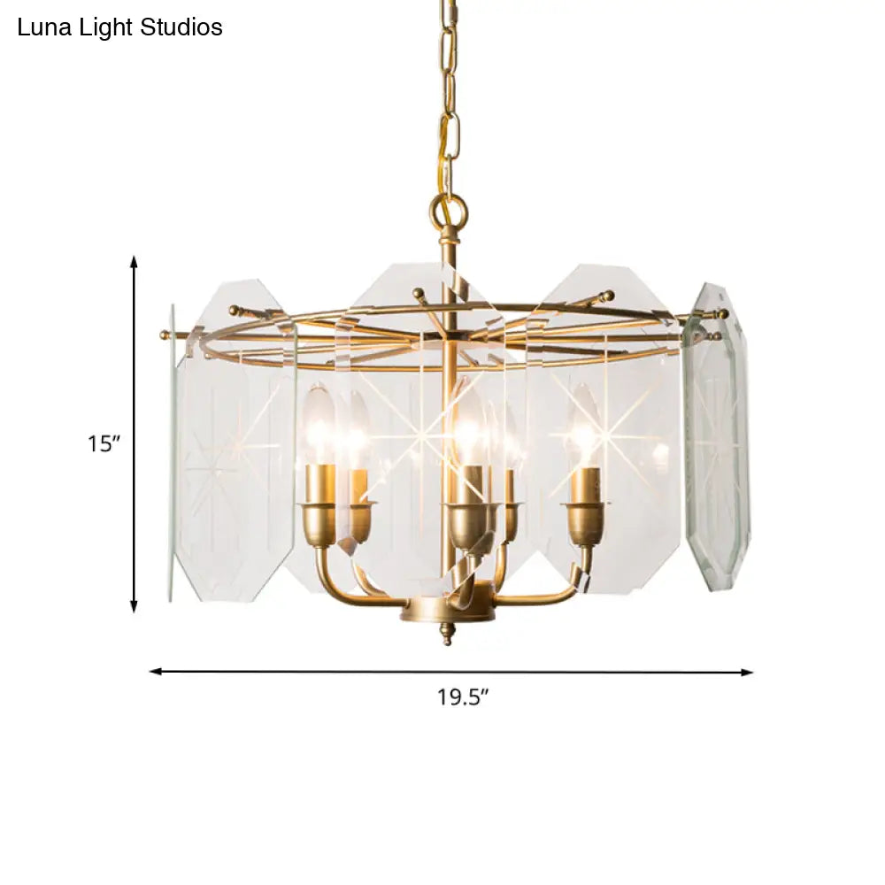 Brass Cylinder Ceiling Chandelier With Clear Glass Modern Design 5 Heads Hanging Light Fixture -