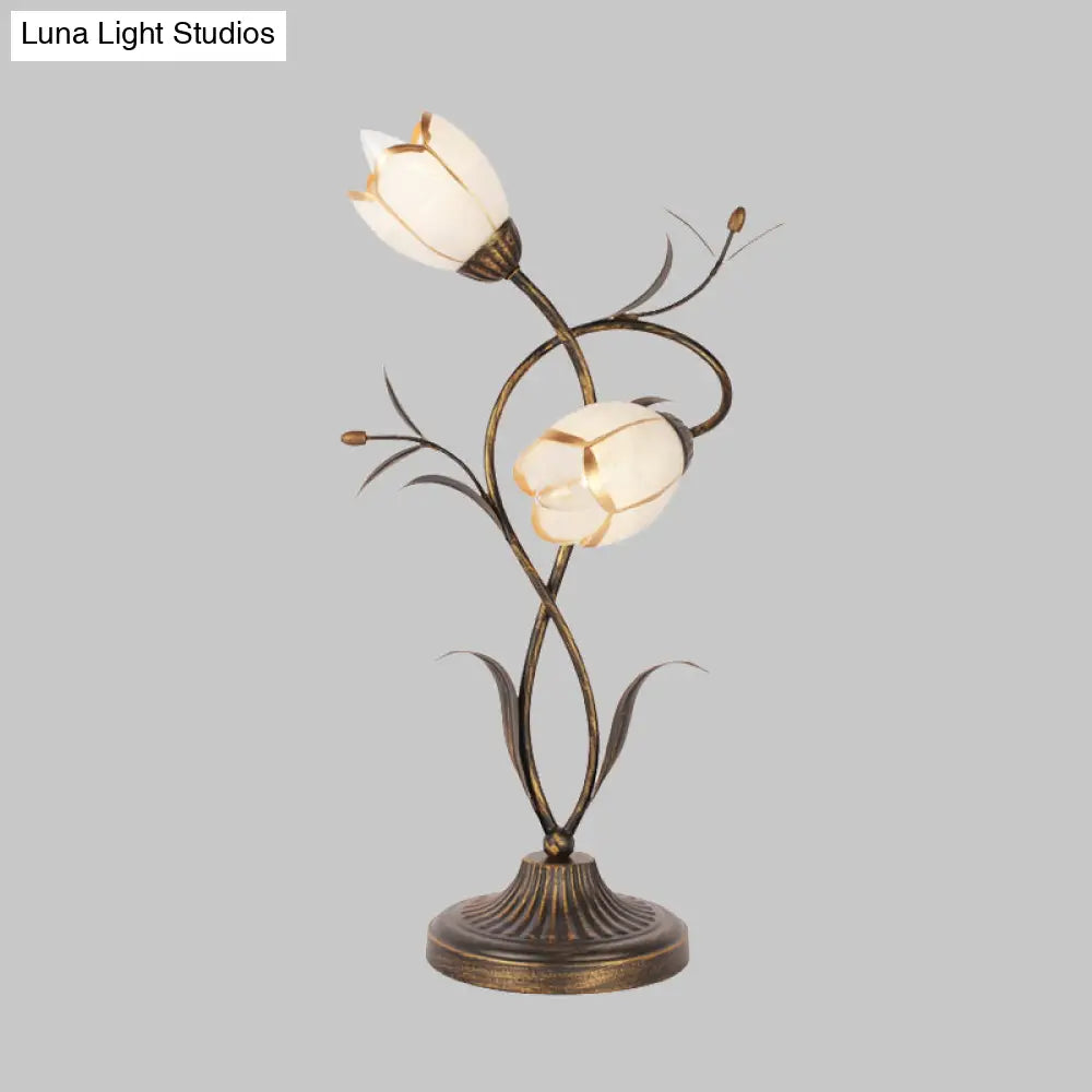 Brass Desk Lamp: 2 Light Bedroom Night Table With Opal Glass Shade