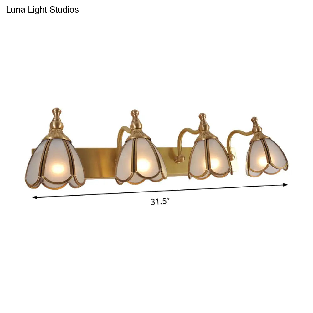 Brass Flower Wall Sconce With Frosted Opal Glass - 1/2/3 Lights Rural Bathroom Vanity Lighting