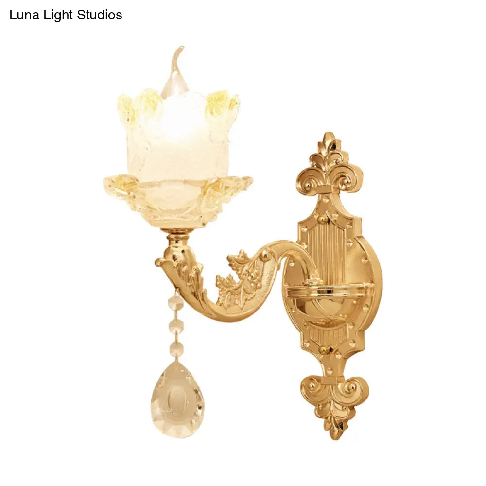 Brass Wall Mount Sconce With Scrolled Arms Glass Blossom Shade And Crystal Accents