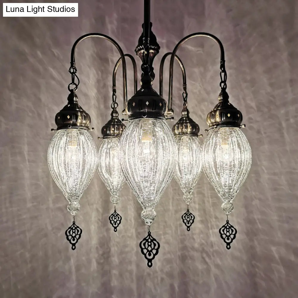 Bronze 5-Head Chandelier: Traditional Ribbed Glass Teardrop Ceiling Light With White Finish