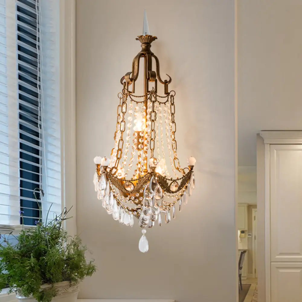 Bronze Crystal Raindrop Wall Sconce With Retro 3 Heads - Living Room Lighting