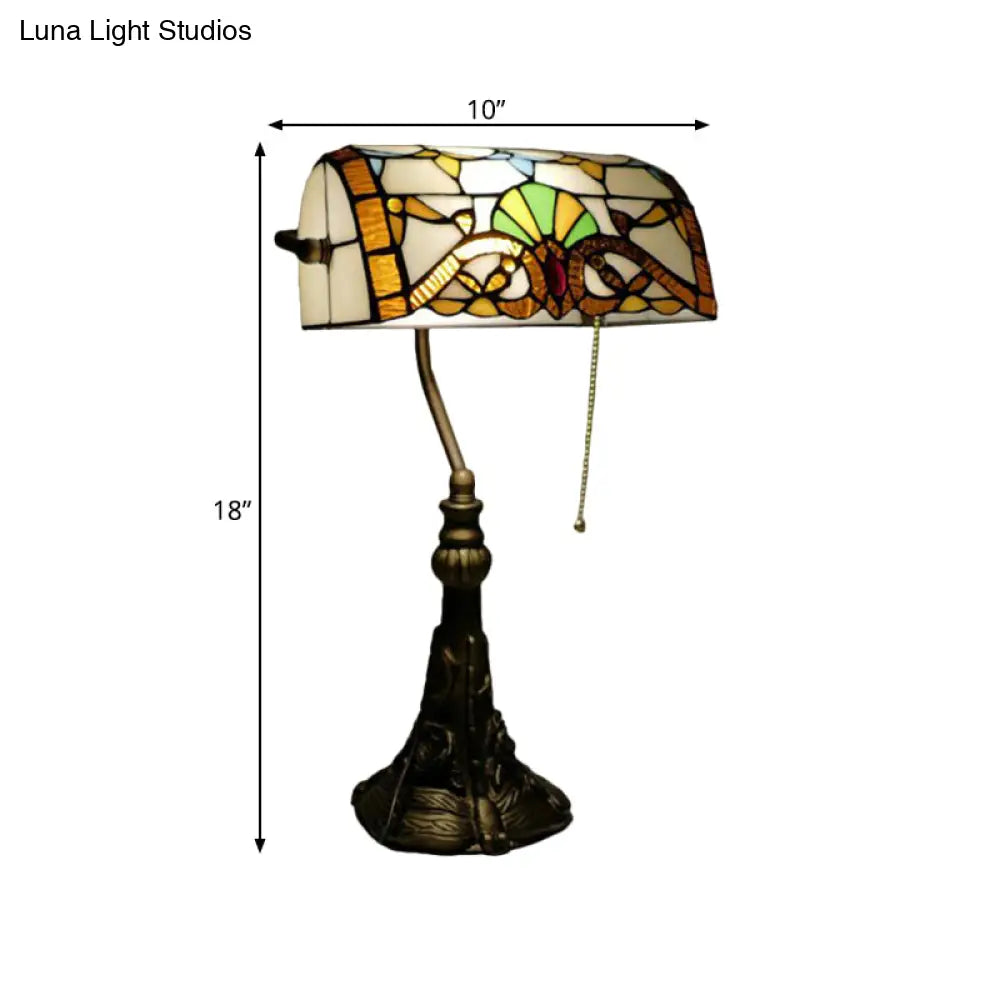 Bronze Pull Chain Desk Lamp With Hand-Cut Glass Shade & Plug-In Cord Mediterranean Style