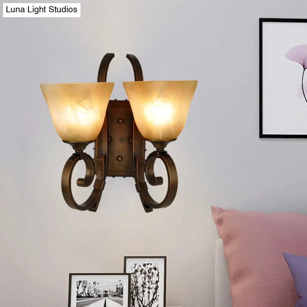 Bronze Scrolling Arm Wall Lamp With Frosted Glass - Traditional Bell Sconce Lighting Dual Bulb Mount