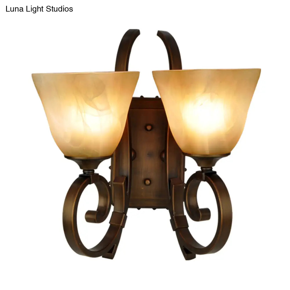 Bronze Scrolling Arm Wall Lamp With Frosted Glass - Traditional Bell Sconce Lighting Dual Bulb Mount