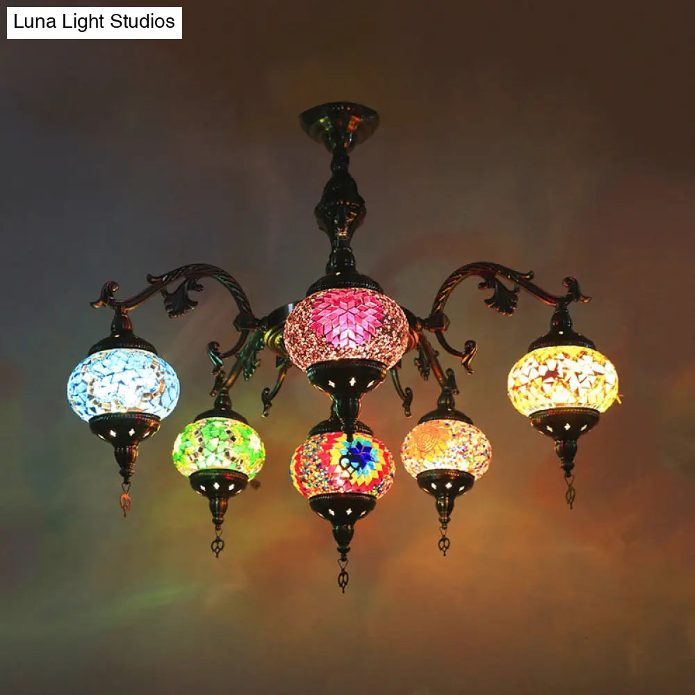 Bronze Stained Glass Chandelier: Oval 6-Head Traditional Suspension Light