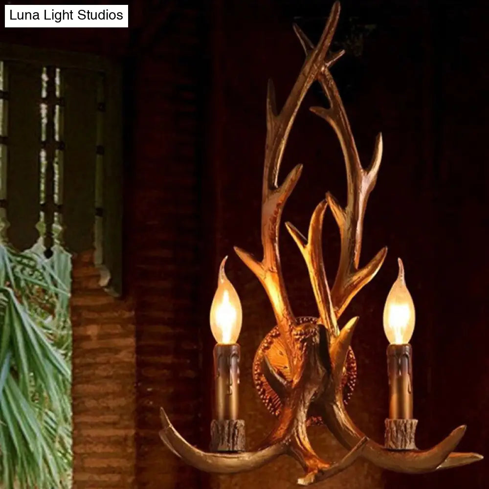 Brown Deer Horn Wall Light With Resin Heads And Candle Decor Perfect For Restaurants
