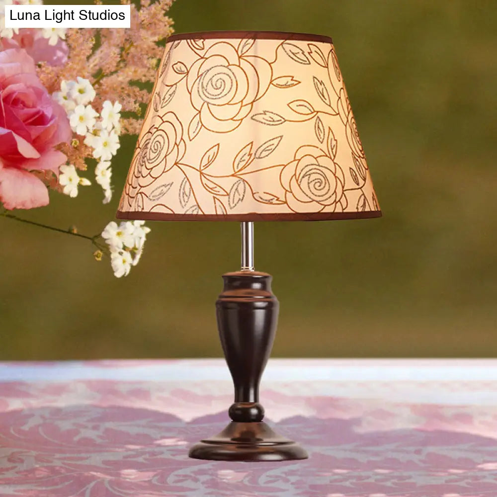 Brown Table Lamp With Tapered Fabric Shade And Floral/Slashed/Geometric Pattern Rustic Light For