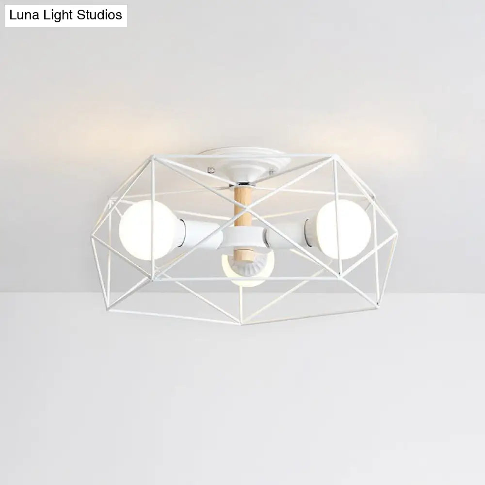 Caged Opal Glass Semi Mount Industrial Ceiling Light In Black/White - 3/4/5 Bulb Living Room