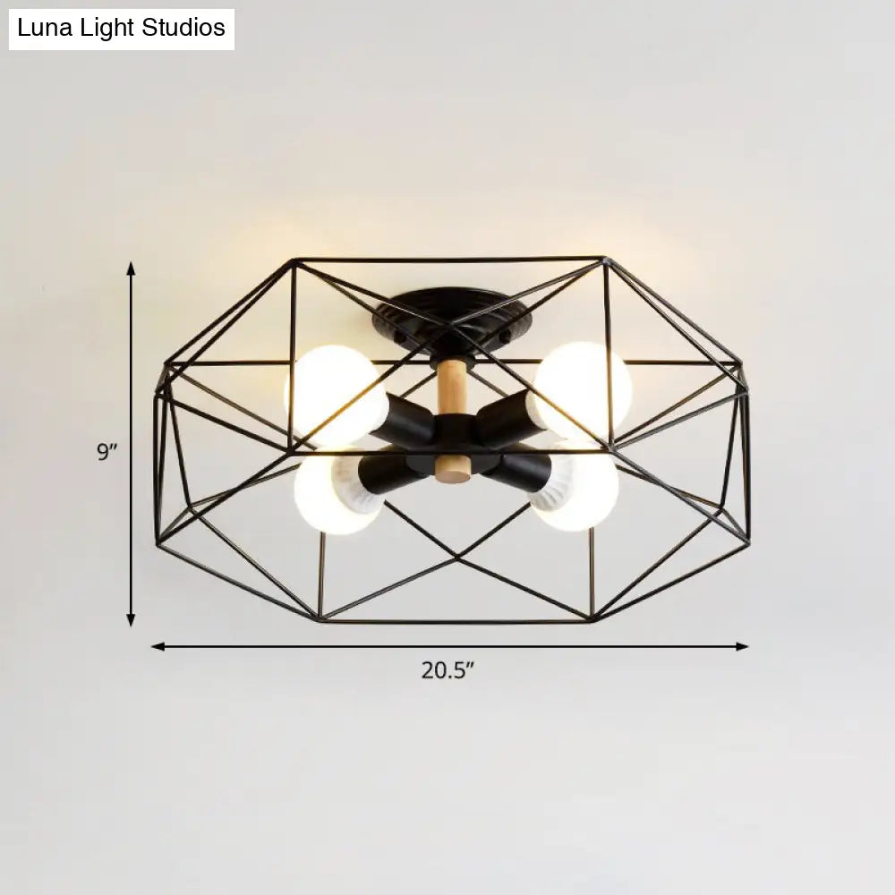 Caged Opal Glass Semi Mount Industrial Ceiling Light In Black/White - 3/4/5 Bulb Living Room