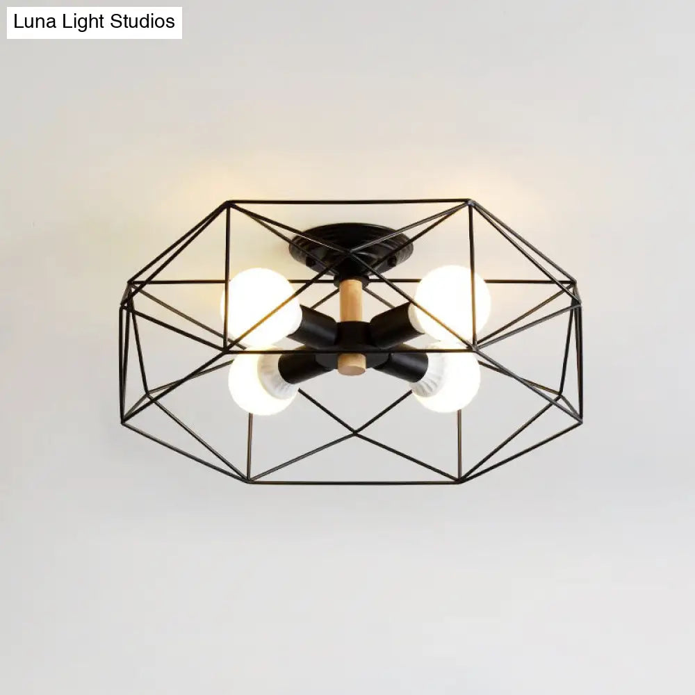 Caged Opal Glass Semi Mount Industrial Ceiling Light In Black/White - 3/4/5 Bulb Living Room