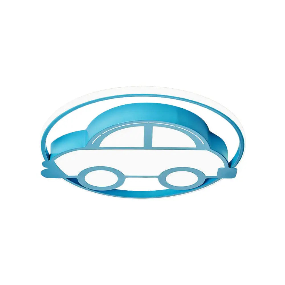 Car Shape Led Cartoon Flush Mount Lamp In Blue With White/Warm Light - Ideal For Bedrooms