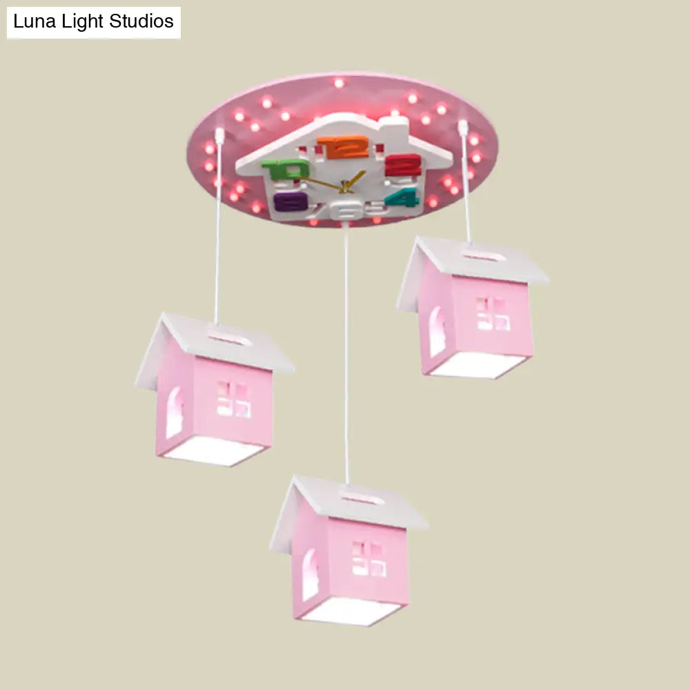 Cartoon 3-Bulb Wood Draping House Ceiling Light Fixture In Pink/Blue