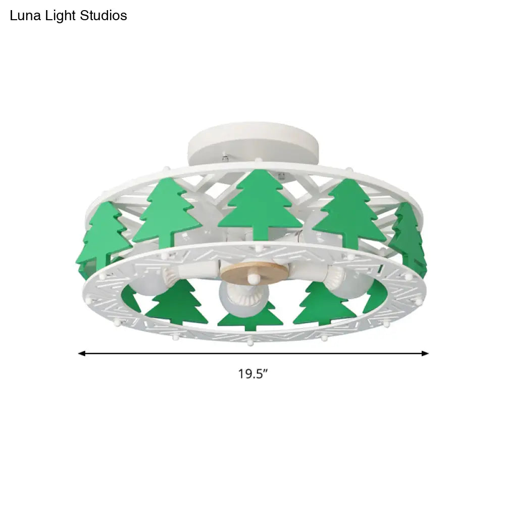 Cartoon Metal Ceiling Lamp - Green Pine Tree Semi Mount Light (5 Heads) Ideal For Hotels