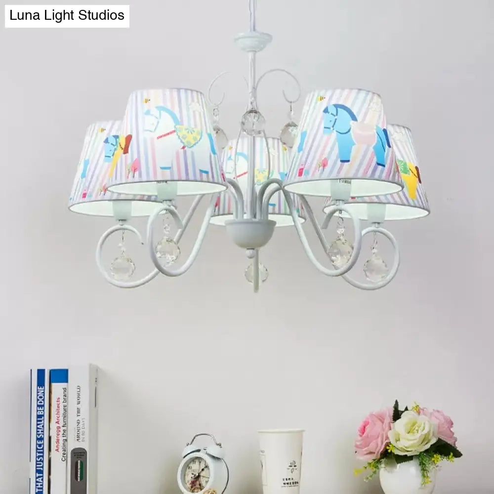 Cartoon Pony 5-Light Hanging Chandelier With Tapered White Shade For Nursing Room