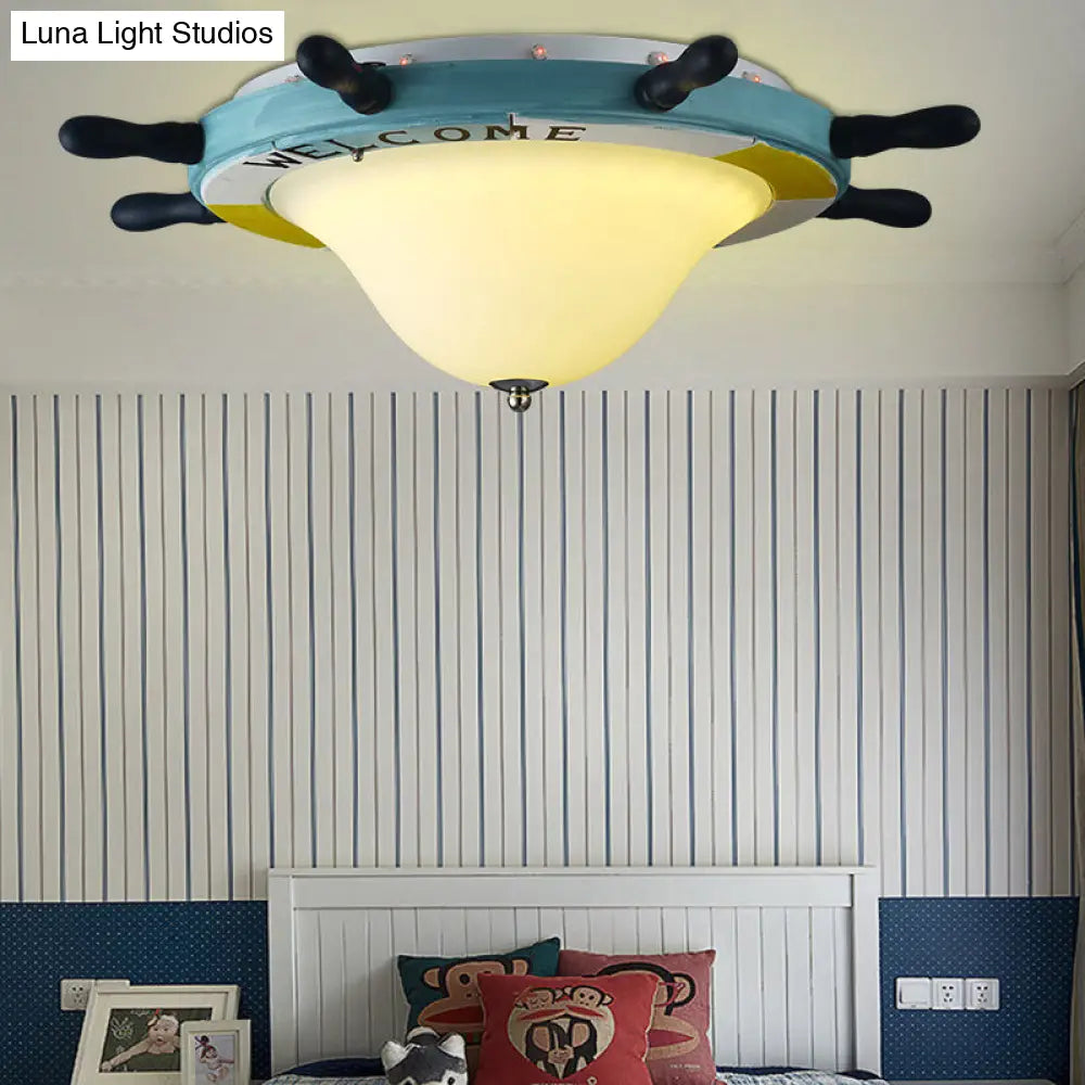 Cartoon Style Rudder Flush Ceiling Light - Led Metal Lamp For Children’s Room White/Blue With