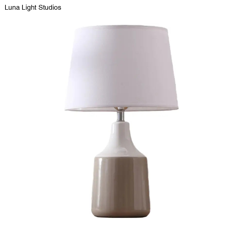 Ceramic 1-Light Bedside Table Lamp In Modern Tapered Drum Design Brown/White And Gray With Fabric