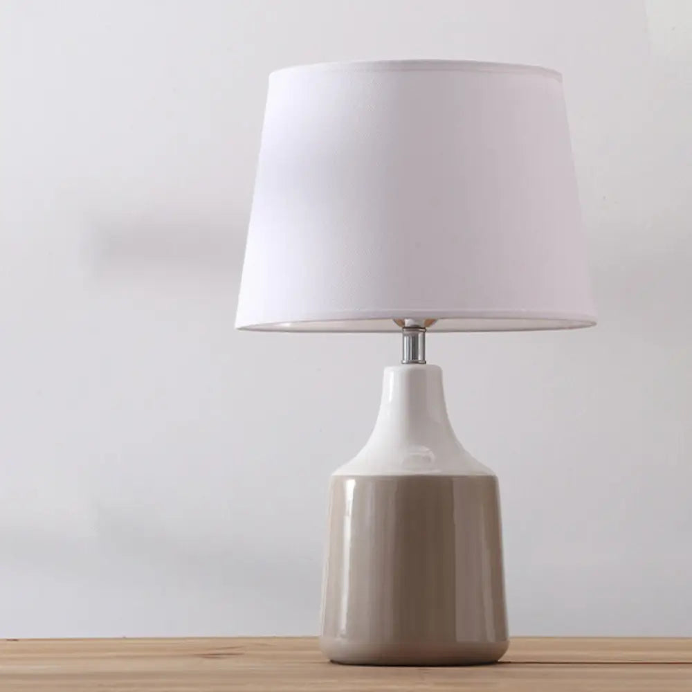 Ceramic 1-Light Bedside Table Lamp In Modern Tapered Drum Design Brown/White And Gray With Fabric