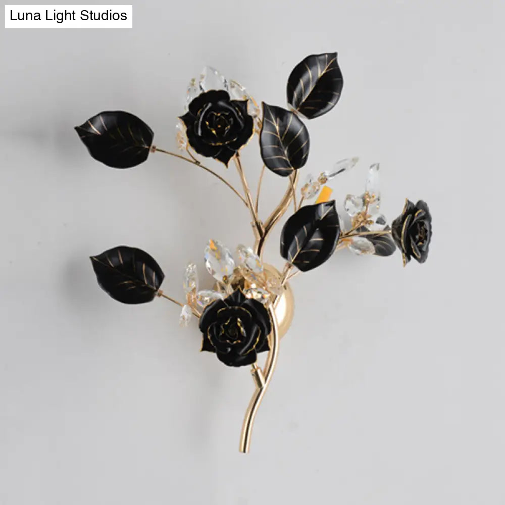 Ceramic And Crystal Branch Wall Lamp With 3 Bulbs Rose/Leaf Design In Black/White For Bedroom Sconce