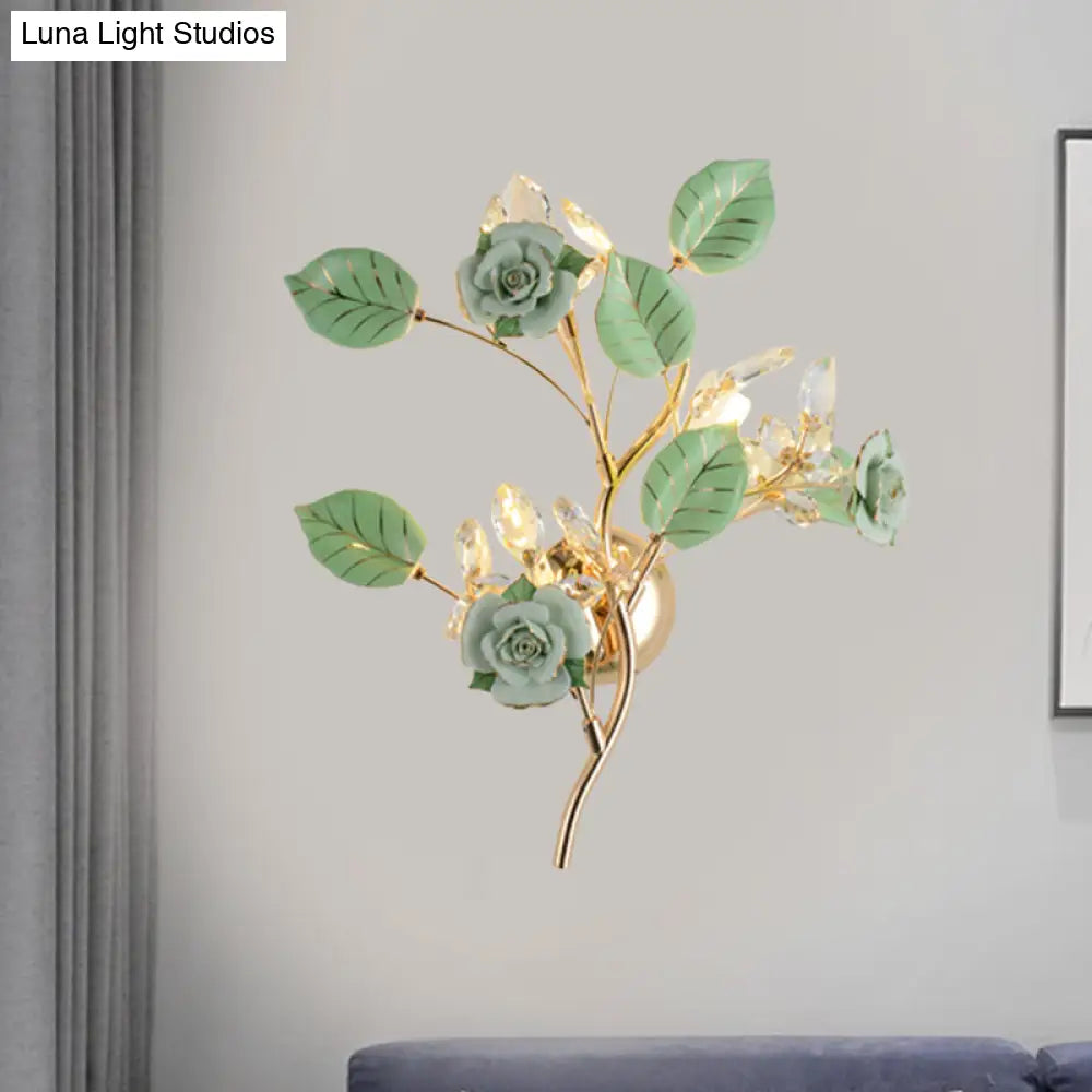 Ceramic And Crystal Branch Wall Lamp With 3 Bulbs Rose/Leaf Design In Black/White For Bedroom Sconce