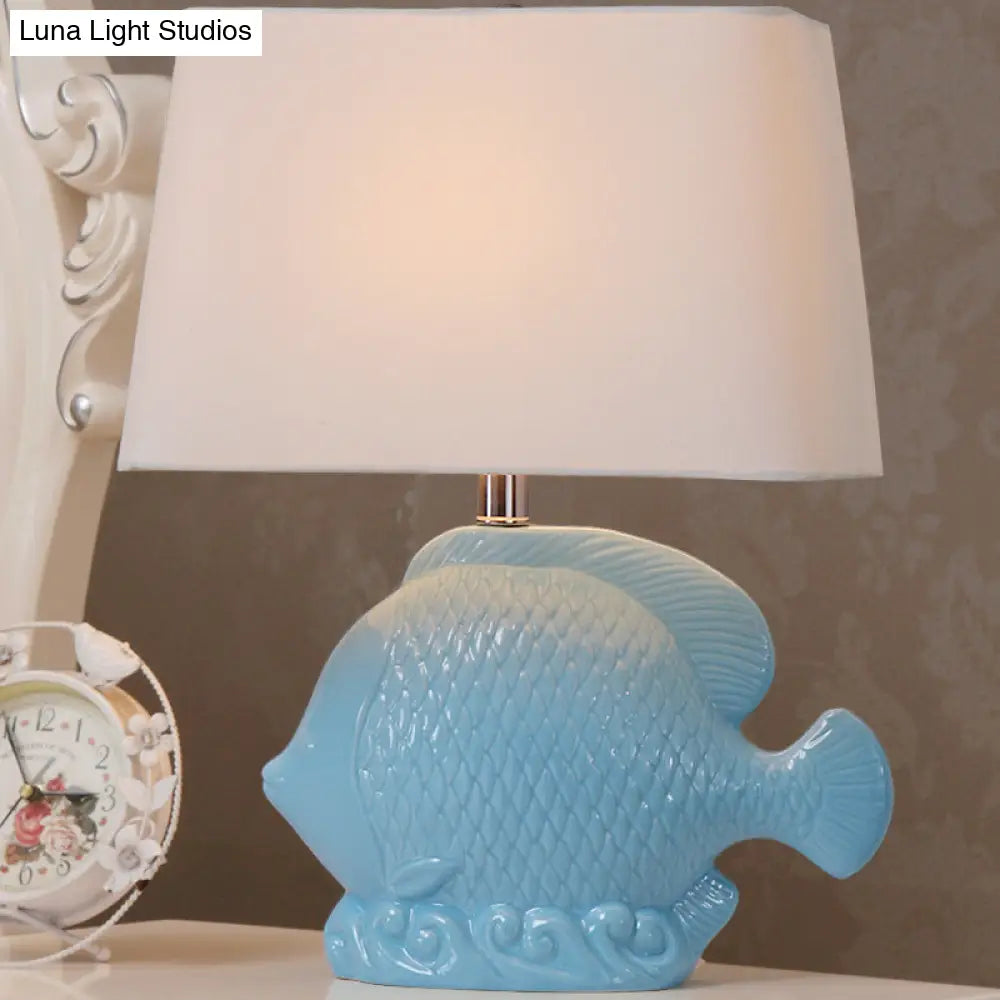 Ceramic Blue Tropical Fish Single-Bulb Table Lamp With Rectangle Fabric Lampshade